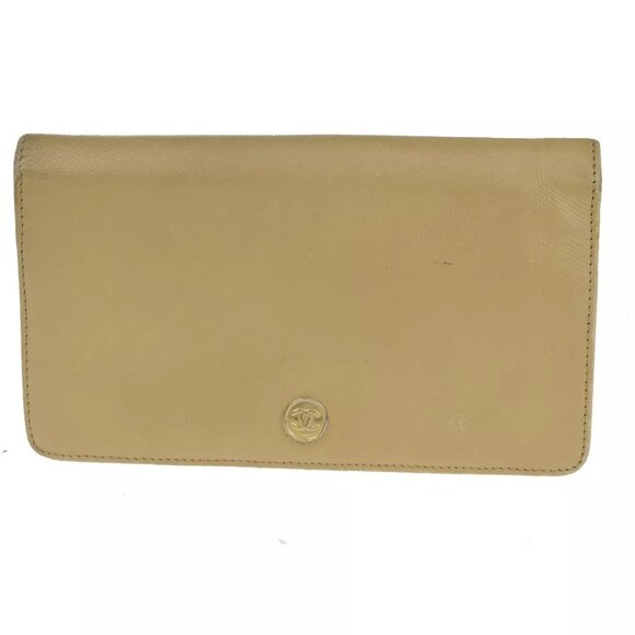 CHANEL CC Logo Bifold Long Wallet Leather Beige Gold-Plated Italy - Picture 1 of 16